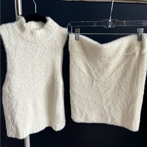 LPA Cream Fuzzy Mini Skirt and Turtle Neck Top